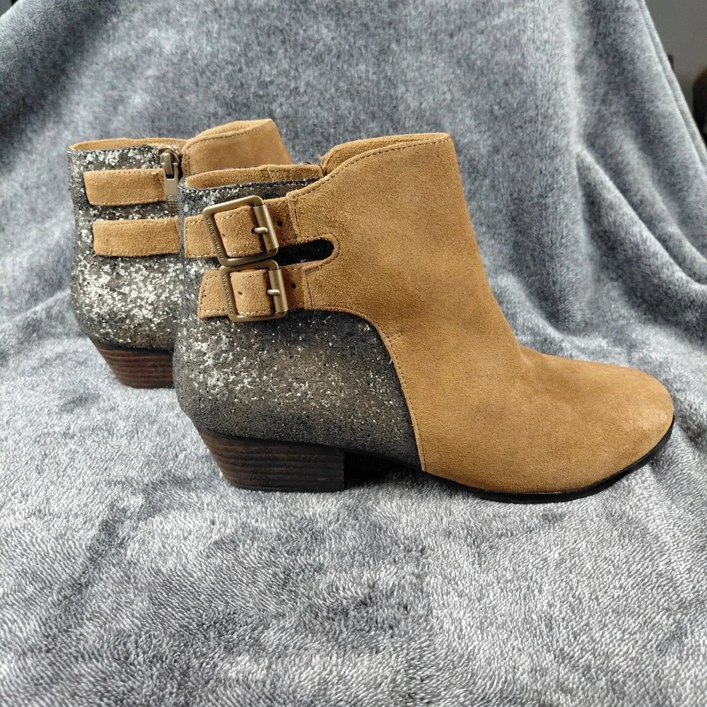 Vince Camuto Tan Suede Glitter Ankle Boots Side Zip Buckle Detail‎ Women's 10B